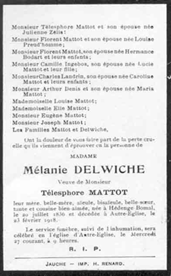 Mélanie Delwiche, veuve de Télésphore Mattot